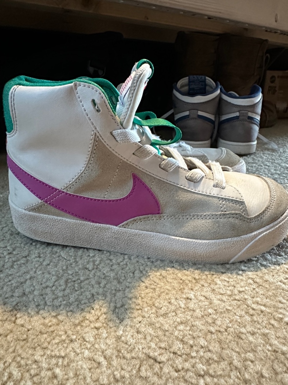Nike Kids High-Top Sneakers with Pink Swoosh and Green Lining